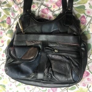 90s vintage Black genuine leather patchwork shoulder bag